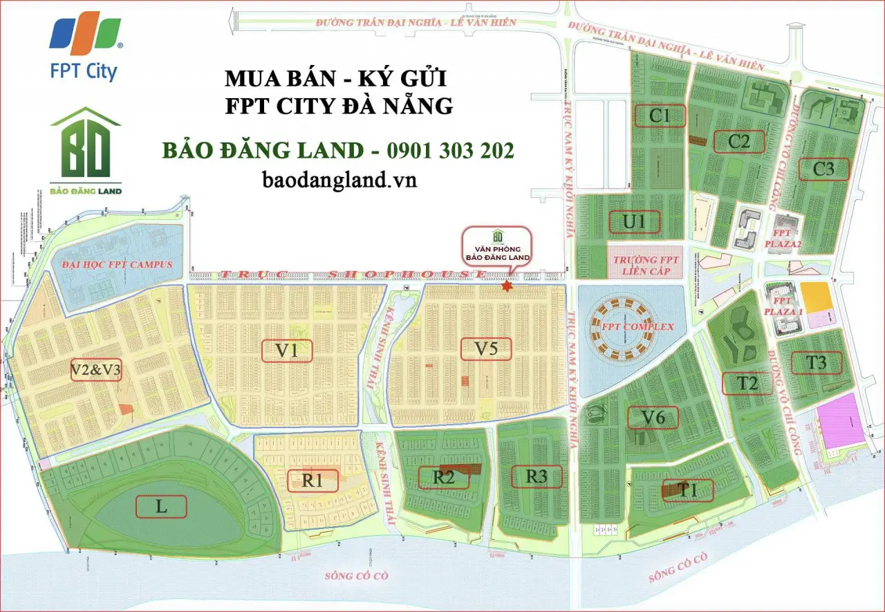 Sơ đồ phân khu FPT City: V1, V2 – V3, V5, V6, R1 – R3, T1 – T3 và khu căn hộ