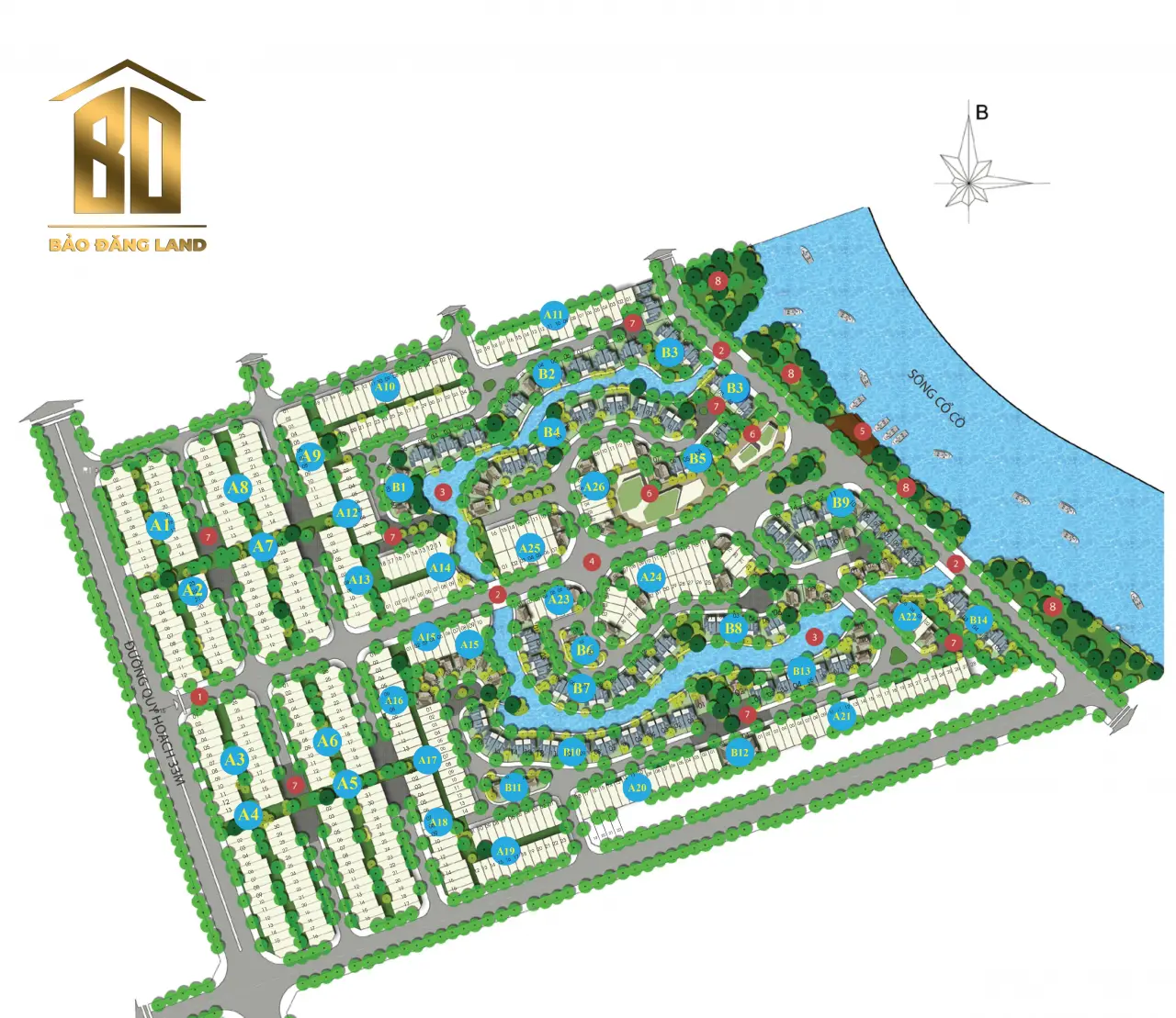 Bản đồ phân lô Sentosa Riverside: block nhà liền kề A1–A26, biệt thự B1–B14, kênh Sentosa River và sông Cổ Cò
