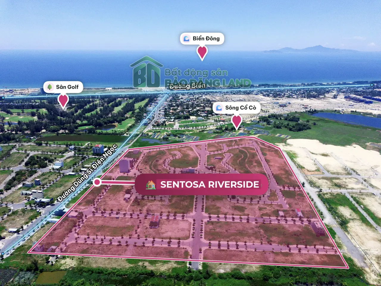 Vị trí Sentosa Riverside trên ảnh flycam: đường Dũng Sĩ Điện Ngọc, sông Cổ Cò, sân golf và biển Đông