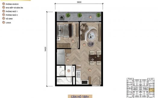Mặt bằng căn hộ 1BR+ S-Light Tower 49.3m2
