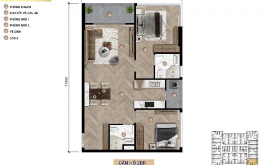 Mặt bằng căn hộ 2BR S-Light Tower 57.6-59.0m2